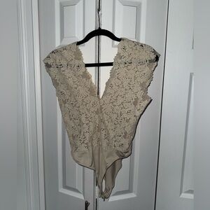 Zara Lace V-Neck Bodysuit - Cream/Tan